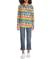 APNY Woven Printed Spread Collar Long Sleeve Boyfriend Shirt