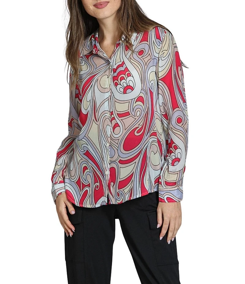 APNY Woven Printed Spread Collar Long Sleeve Button Down Shirt