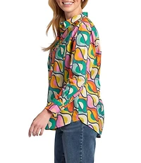 APNY Woven Printed Spread Collar Long Sleeve Button Front Shirt