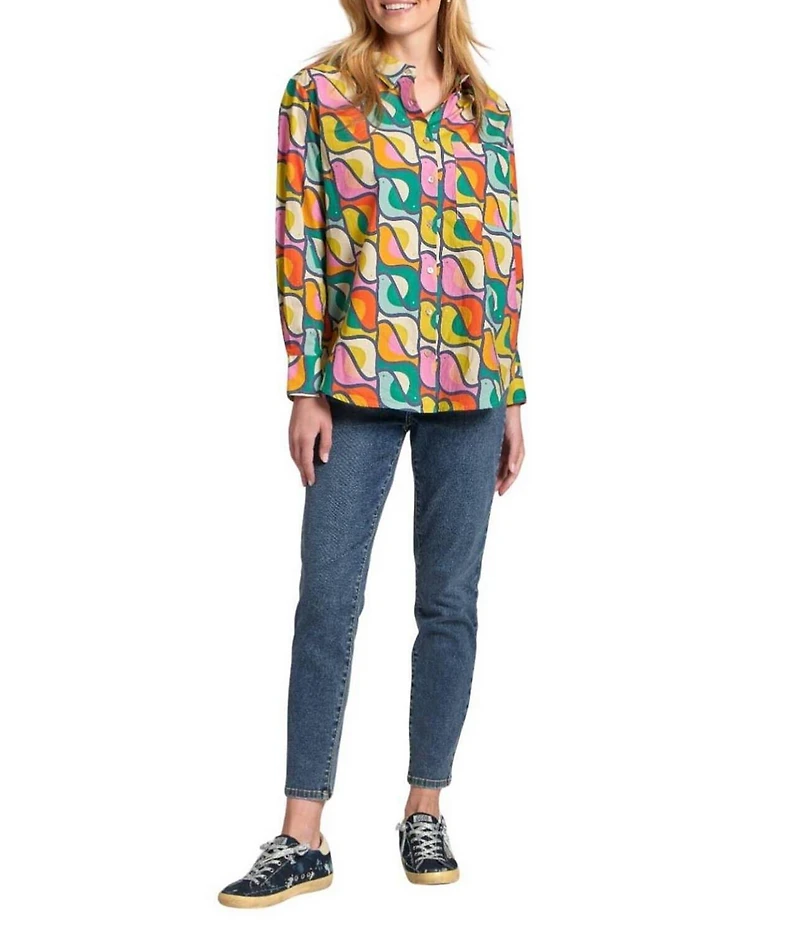 APNY Woven Printed Spread Collar Long Sleeve Button Front Shirt