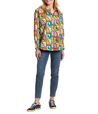 APNY Woven Printed Spread Collar Long Sleeve Button Front Shirt