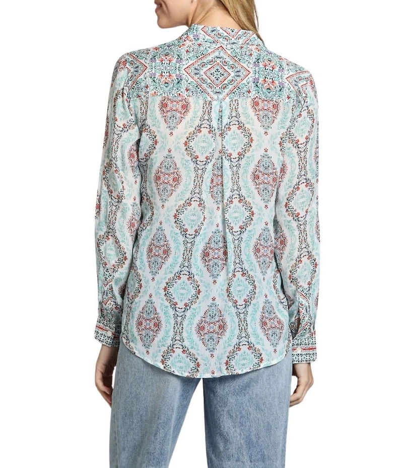 APNY Woven Printed Spread Collar Long Sleeve Button Front Shirt