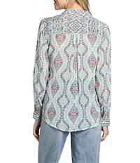APNY Woven Printed Spread Collar Long Sleeve Button Front Shirt