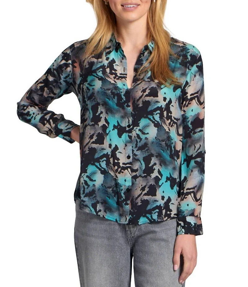 APNY Woven Printed Spread Collar Long Sleeve Hi-Low Shirt