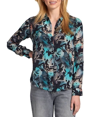 APNY Woven Printed Spread Collar Long Sleeve Hi-Low Shirt