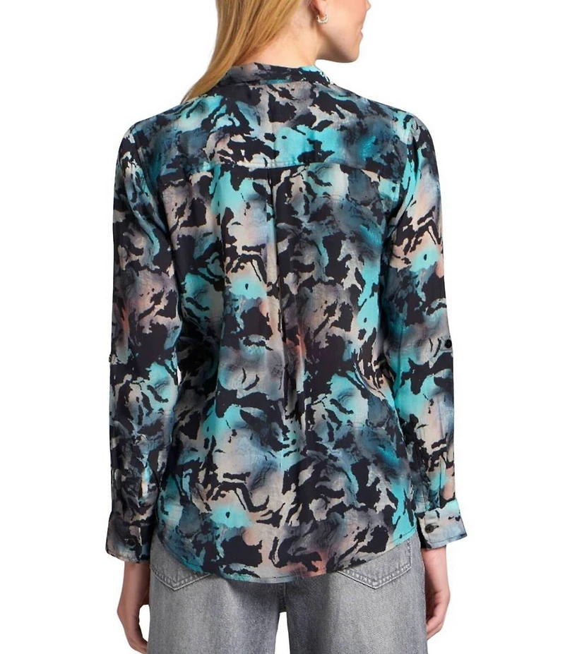 APNY Woven Printed Spread Collar Long Sleeve Hi-Low Shirt