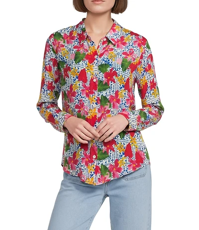 APNY Woven Printed Spread Collar Long Sleeve Shirt