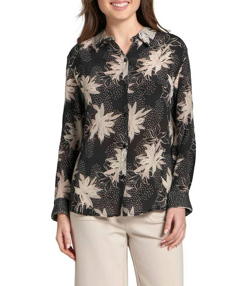 APNY Woven Printed Spread Collar Long Sleeve Shirt