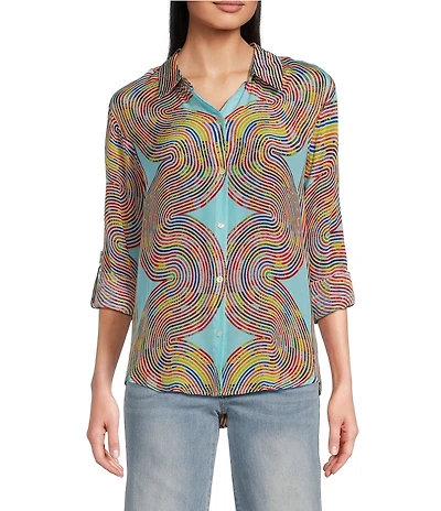 APNY Woven Printed Spread Collar Long Sleeve Shirt
