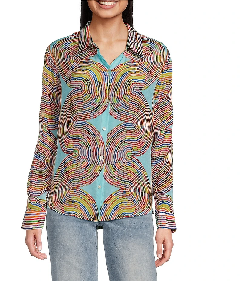 APNY Woven Printed Spread Collar Long Sleeve Shirt