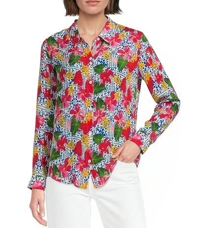 APNY Woven Printed Spread Collar Long Sleeve Shirt