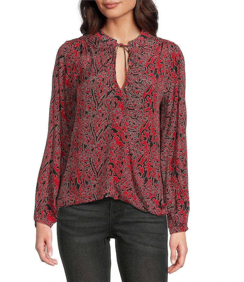 APNY Woven Printed Tassel V-Neck Long Sleeve Top