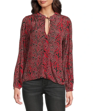 APNY Woven Printed Tassel V-Neck Long Sleeve Top