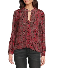 APNY Woven Printed Tassel V-Neck Long Sleeve Top