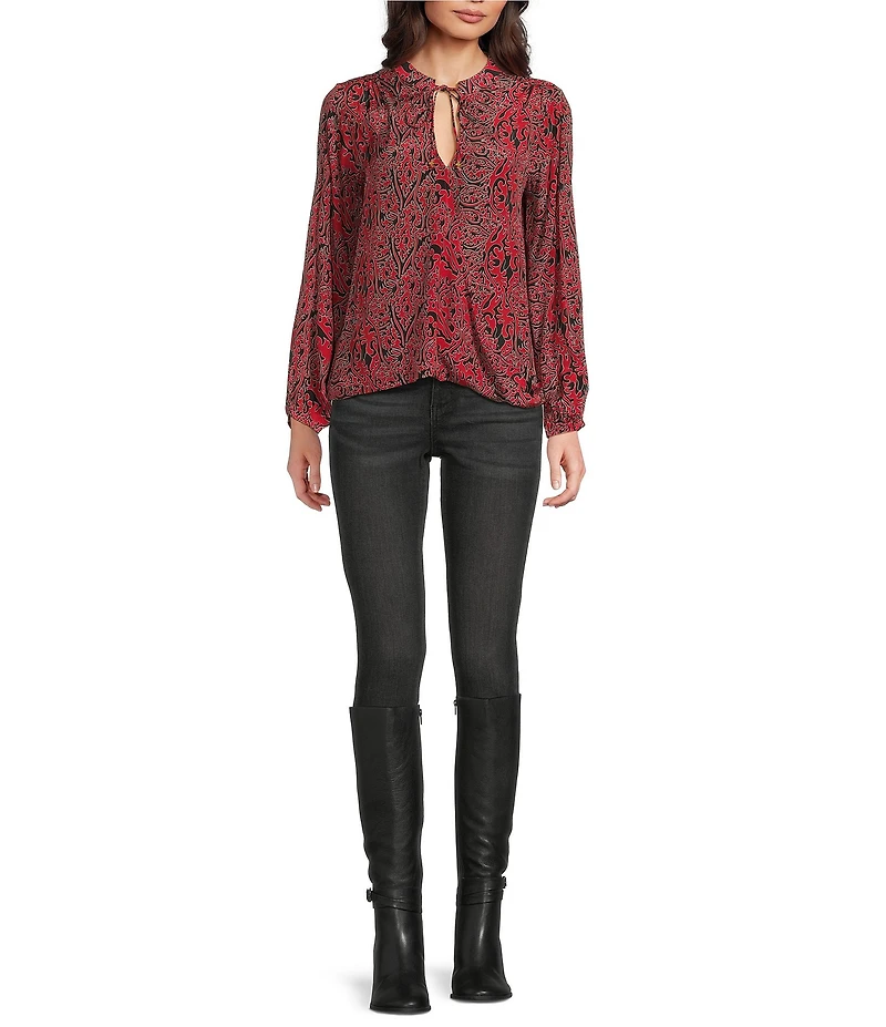 APNY Woven Printed Tassel V-Neck Long Sleeve Top