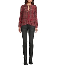 APNY Woven Printed Tassel V-Neck Long Sleeve Top