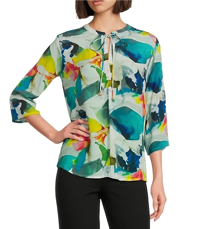 APNY Woven Printed V-Neck 3/4 Sleeve Front Tassel Top