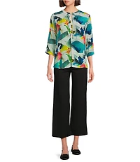 APNY Woven Printed V-Neck 3/4 Sleeve Front Tassel Top