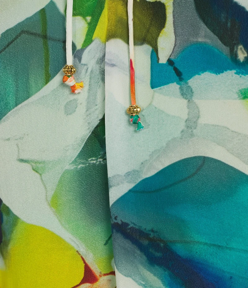 APNY Woven Printed V-Neck 3/4 Sleeve Front Tassel Top