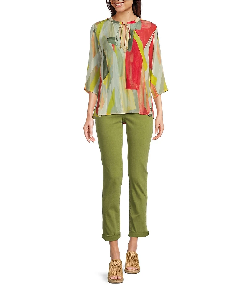 APNY Woven Printed V-Neck 3/4 Sleeves Tie Front Blouse