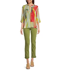 APNY Woven Printed V-Neck 3/4 Sleeves Tie Front Blouse