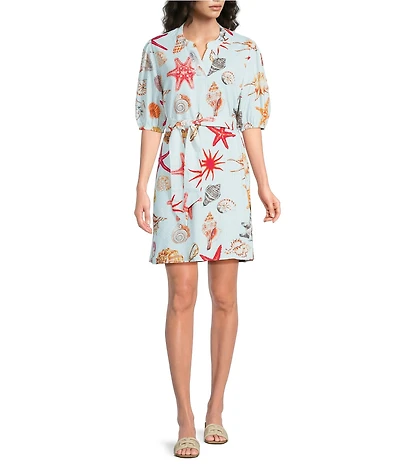 APNY Woven Printed V-Neck Elbow Length Sleeve Tunic Dress