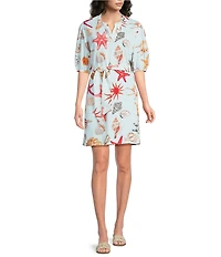 APNY Woven Printed V-Neck Elbow Length Sleeve Tunic Dress