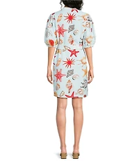 APNY Woven Printed V-Neck Elbow Length Sleeve Tunic Dress