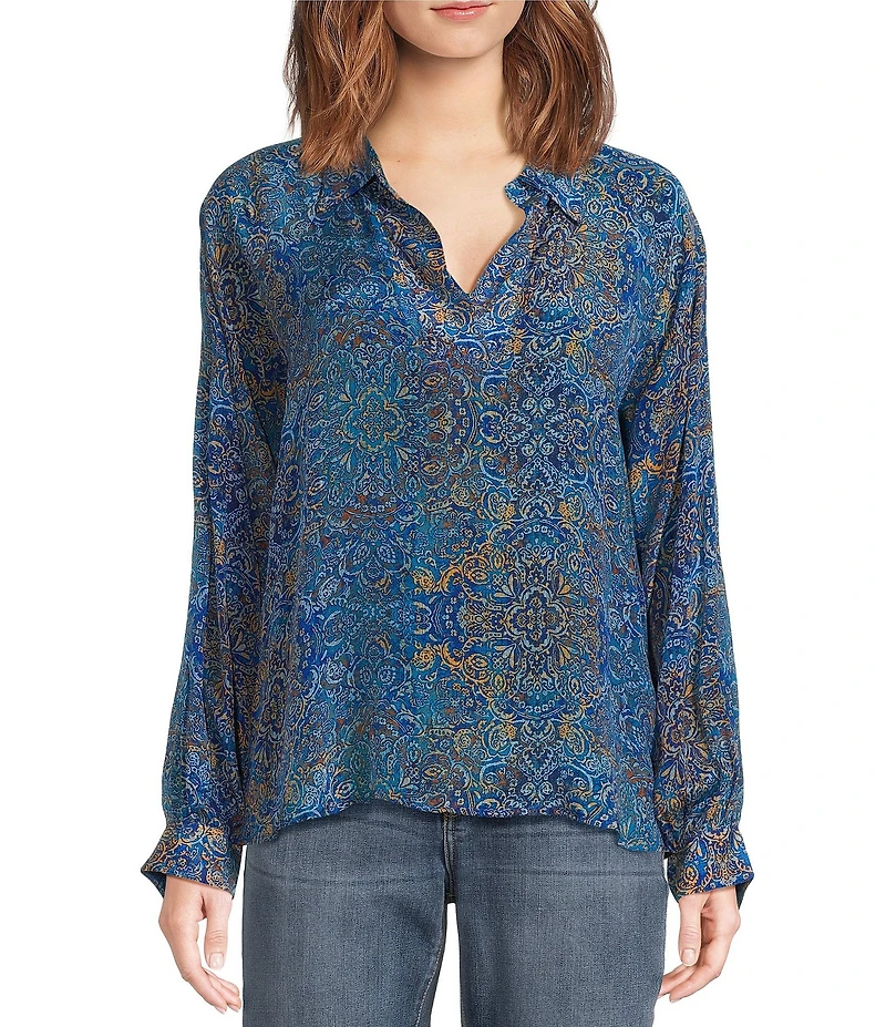 APNY Woven Printed V-Neck Long Sleeve Blouse