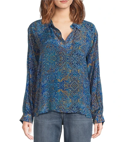 APNY Woven Printed V-Neck Long Sleeve Blouse