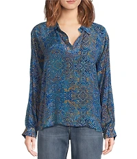 APNY Woven Printed V-Neck Long Sleeve Blouse
