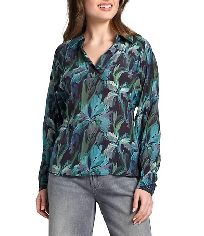 APNY Woven Printed V-Neck Long Sleeve Blouse