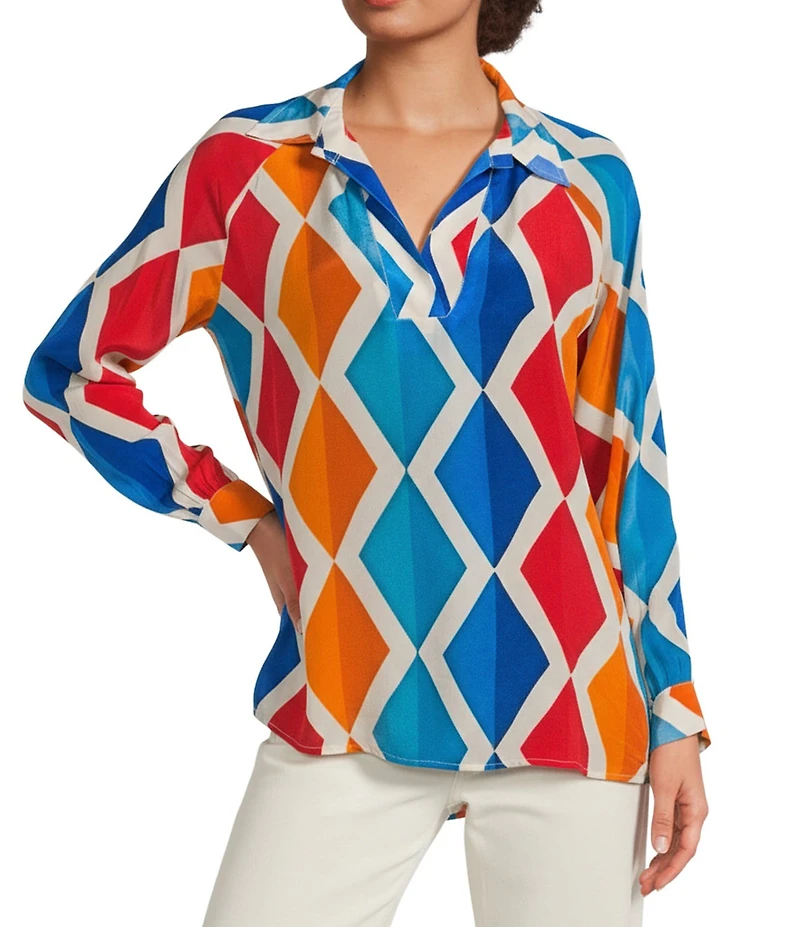 APNY Woven Printed V-Neck Long Sleeve Blouse