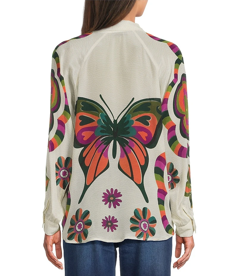 APNY Woven Printed V-Neck Long Sleeve Butterfly Half Placket Blouse
