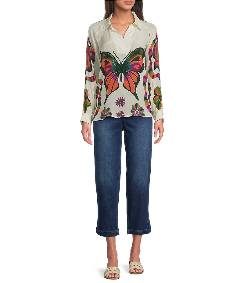 APNY Woven Printed V-Neck Long Sleeve Butterfly Half Placket Blouse
