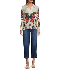 APNY Woven Printed V-Neck Long Sleeve Butterfly Half Placket Blouse