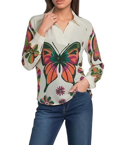 APNY Woven Printed V-Neck Long Sleeve Butterfly Half Placket Blouse