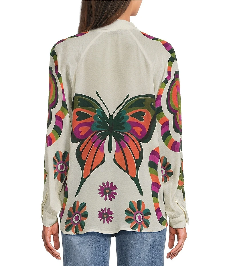 APNY Woven Printed V-Neck Long Sleeve Butterfly Half Placket Blouse