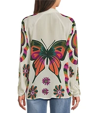 APNY Woven Printed V-Neck Long Sleeve Butterfly Half Placket Blouse