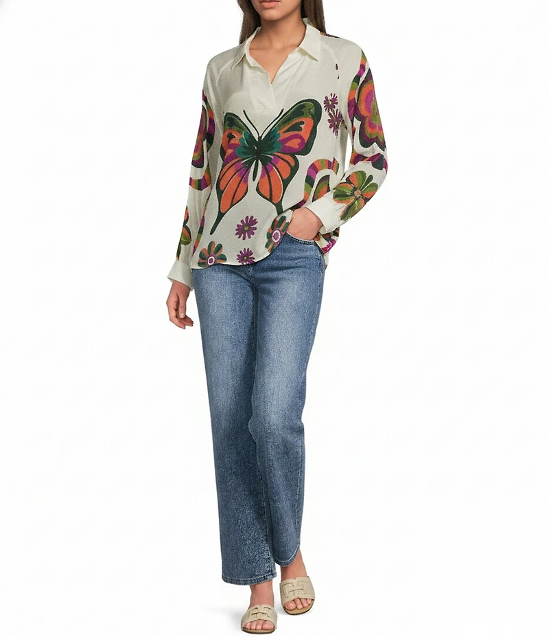 APNY Woven Printed V-Neck Long Sleeve Butterfly Half Placket Blouse