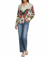 APNY Woven Printed V-Neck Long Sleeve Butterfly Half Placket Blouse