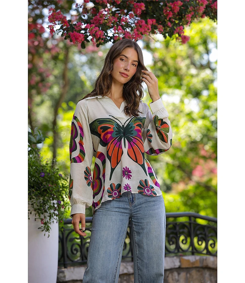 APNY Woven Printed V-Neck Long Sleeve Butterfly Half Placket Blouse