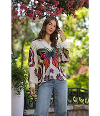 APNY Woven Printed V-Neck Long Sleeve Butterfly Half Placket Blouse