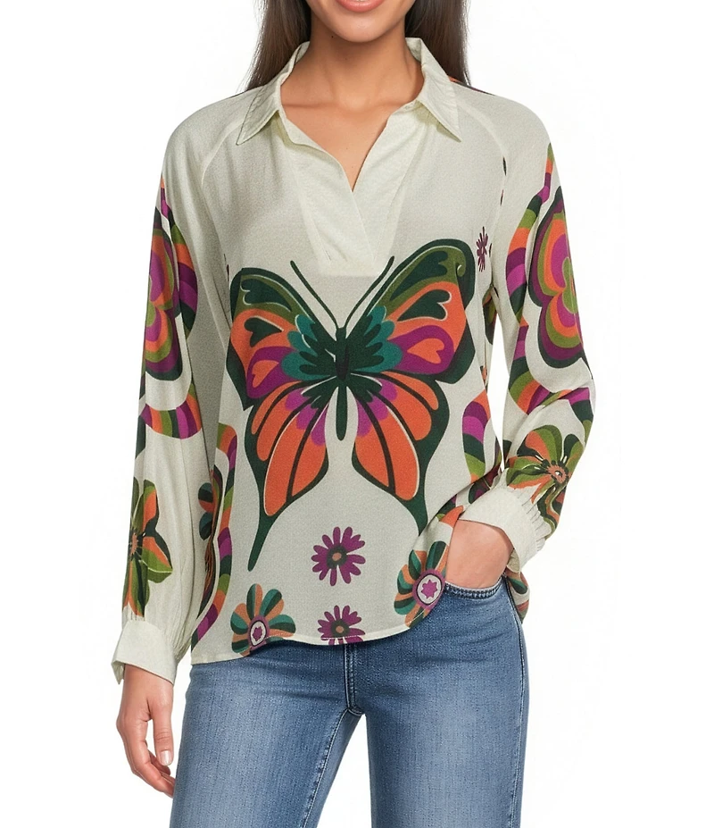 APNY Woven Printed V-Neck Long Sleeve Butterfly Half Placket Blouse