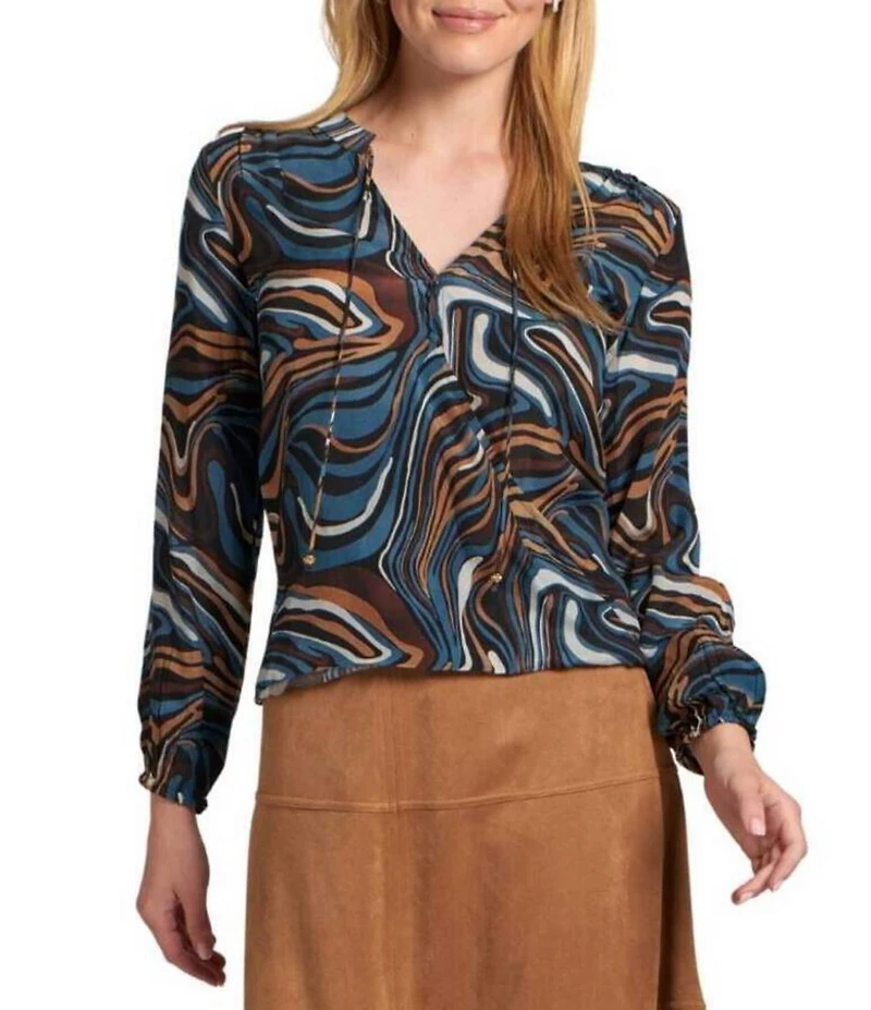 APNY Woven Printed V-Neck Long Sleeve Tassel Tie Top