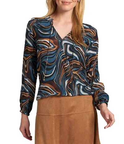 APNY Woven Printed V-Neck Long Sleeve Tassel Tie Top