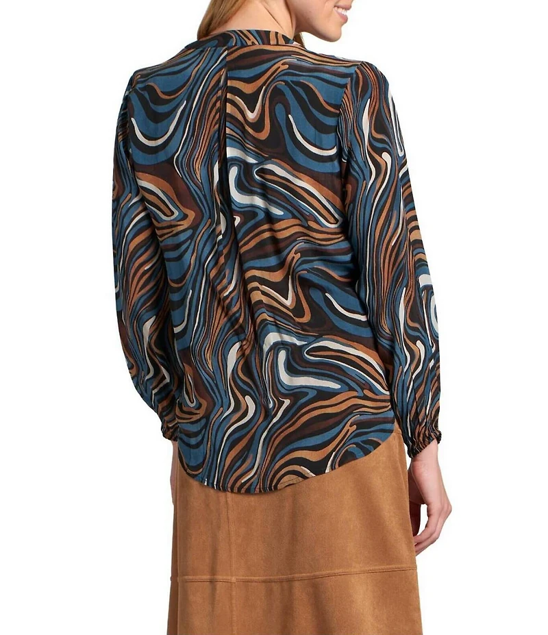 APNY Woven Printed V-Neck Long Sleeve Tassel Tie Top