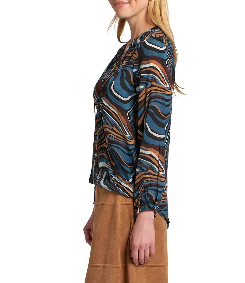 APNY Woven Printed V-Neck Long Sleeve Tassel Tie Top