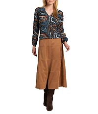 APNY Woven Printed V-Neck Long Sleeve Tassel Tie Top