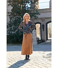 APNY Woven Printed V-Neck Long Sleeve Tassel Tie Top